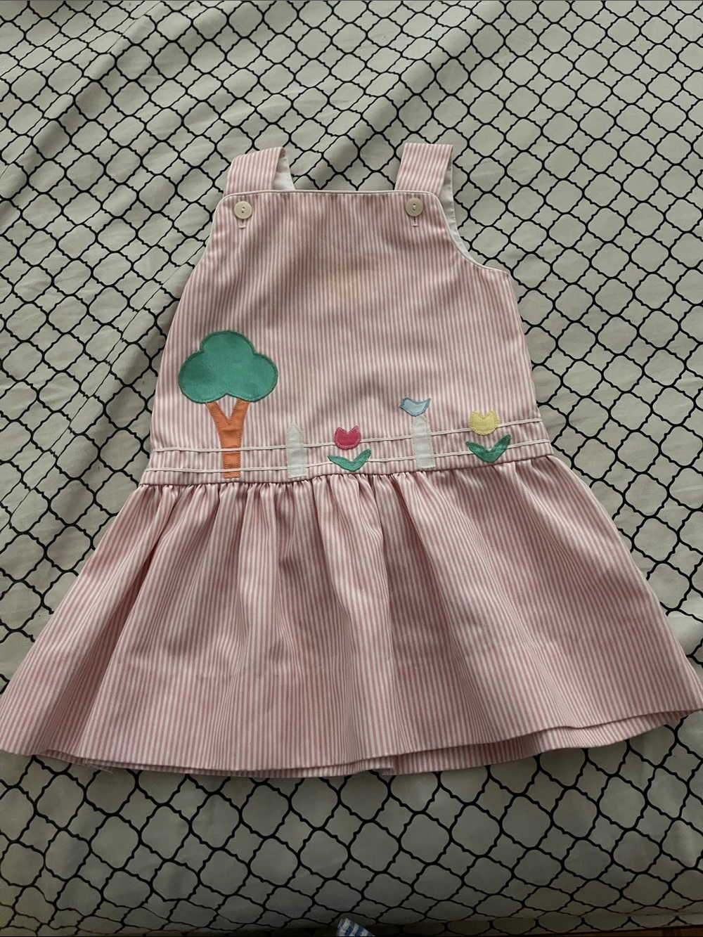 Vintage Pink Striped Toddler Dress with Garden Appliqué